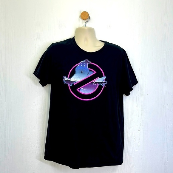 Mad Engine - Ghostbusters Hot Pink Logo Black Shirt Sleeve T Shirt Size Large - Picture 1 of 9
